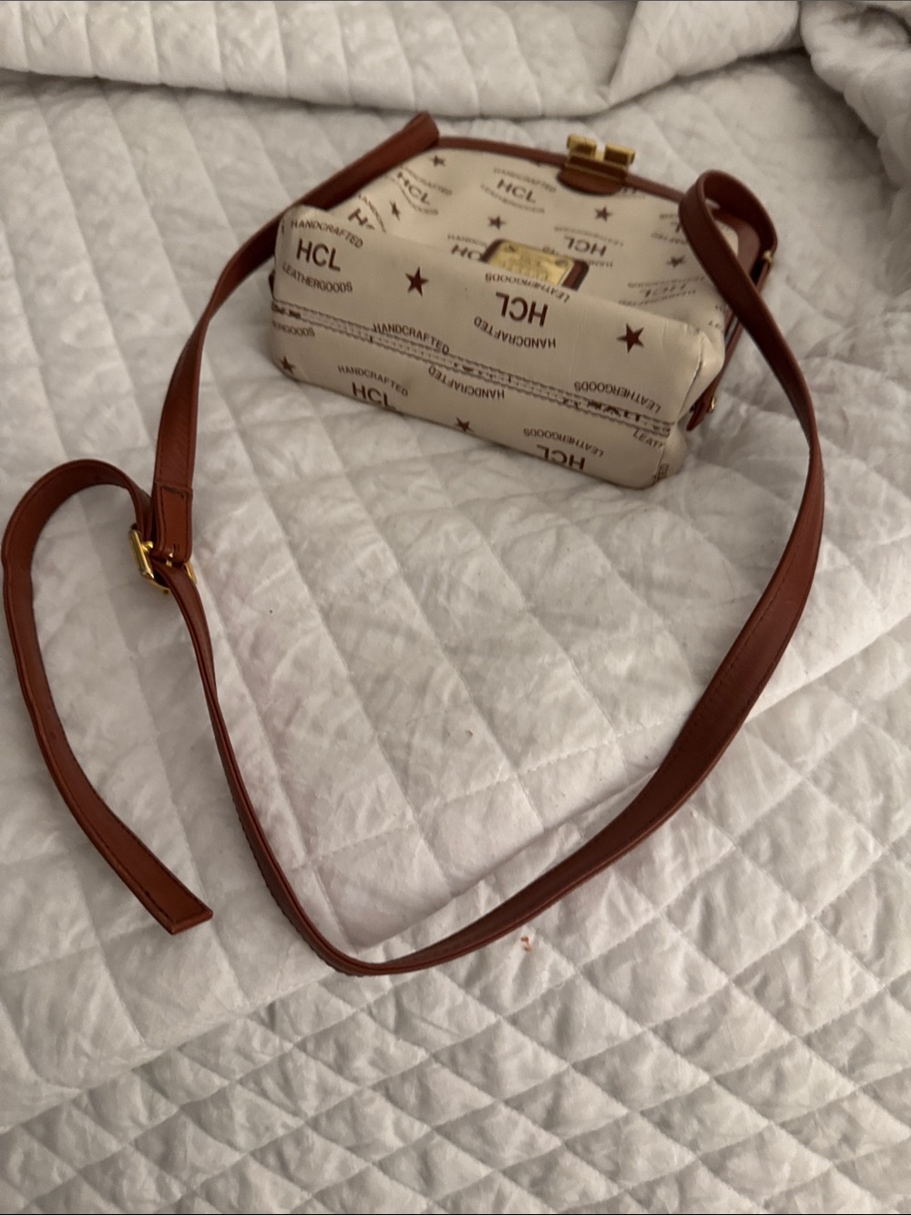 Cream Logo Crossbody with Brown Leather Strap